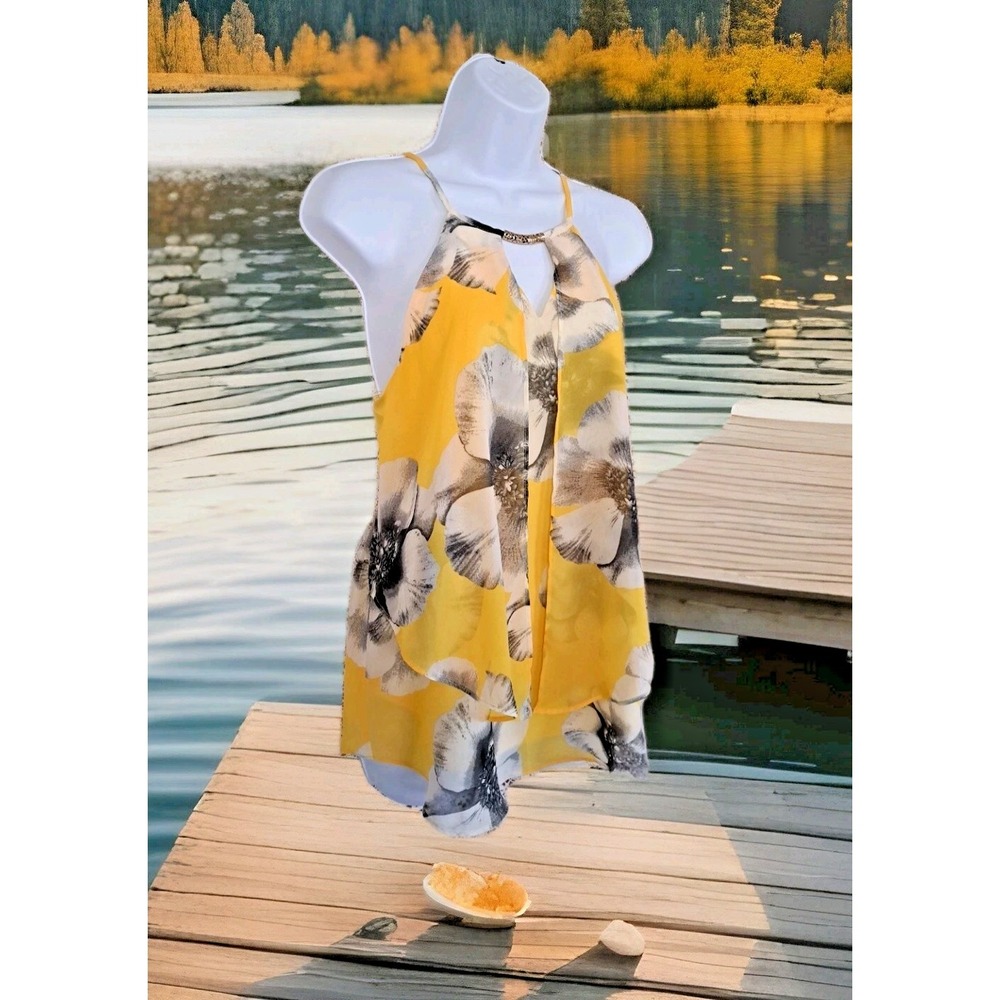 BCX Tank Top L‎ Yellow Floral Keyhole Layered Sheer Lined Beachy Romantic Summer